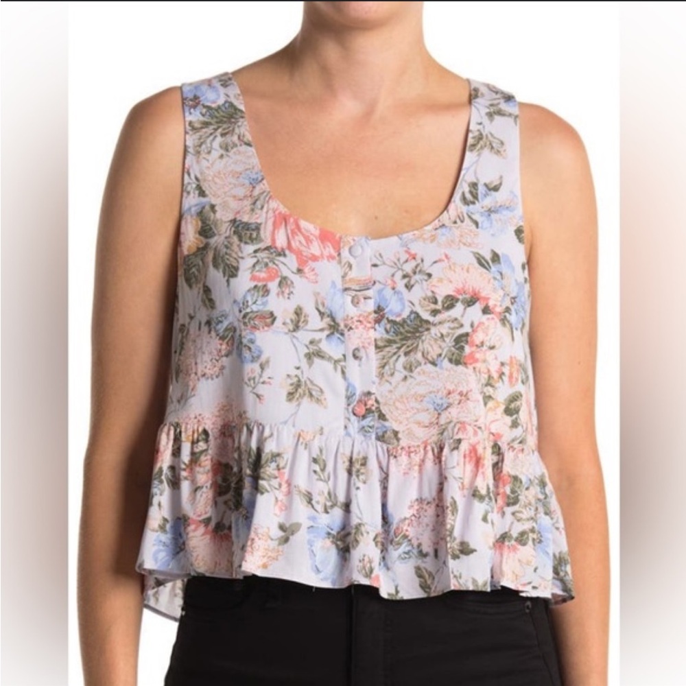WAYF Floral Button-Up Peplum Crop Top - Pastel Hues